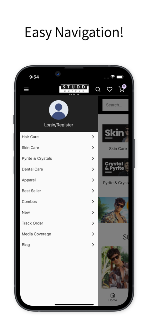 Studd Muffyn - Studd Muffynアプリのサイドナビゲーションメニュー。ヘアケア、スキンケア、クリスタルなどの商品カテゴリが表示されています。