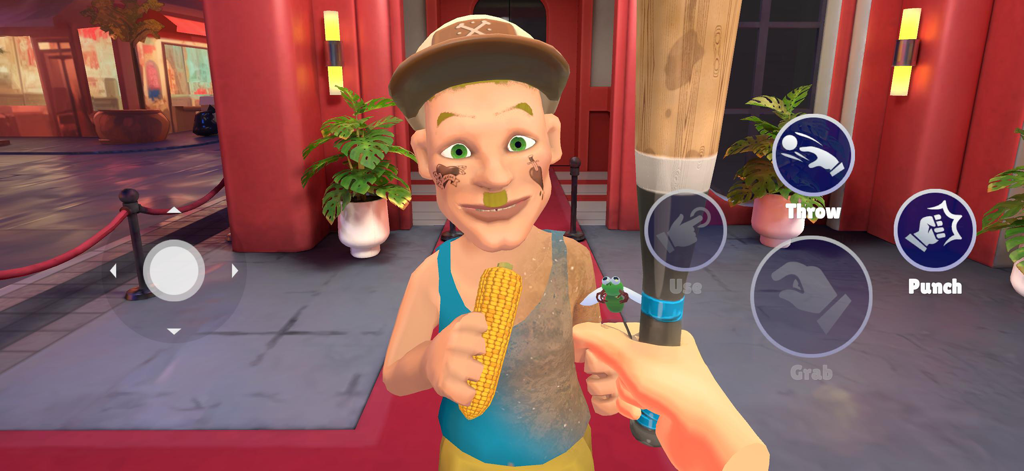 A first person view of a club security guard holding a baseball bat while confronting a guest