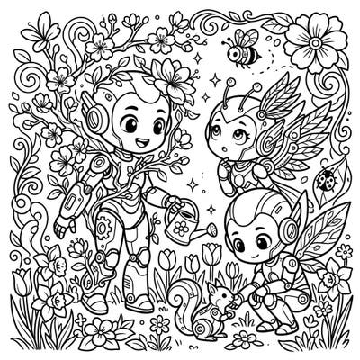 Discover a charming world where technology meets nature in this delightful symbiotic cyborgs coloring page. Join our chibi cyborg friends as they tend to a vibrant spring garden, perfect for creative minds.