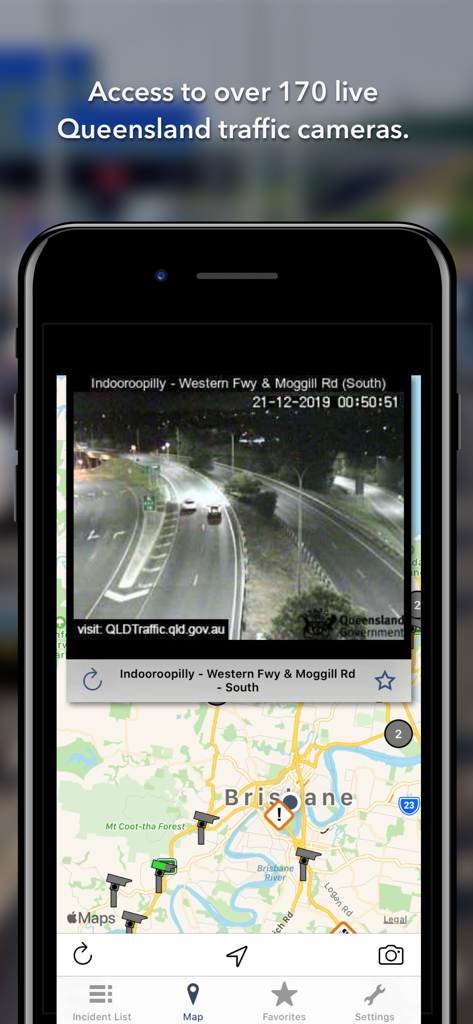 Queensland Roads app interface showing a live traffic camera feed above a Brisbane map.