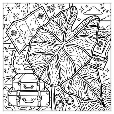 Unleash your inner explorer with this captivating Alocasia leaf and vacation-themed coloring page, brimming with travel icons. It's the perfect artistic getaway to color your dreams of exotic destinations.
