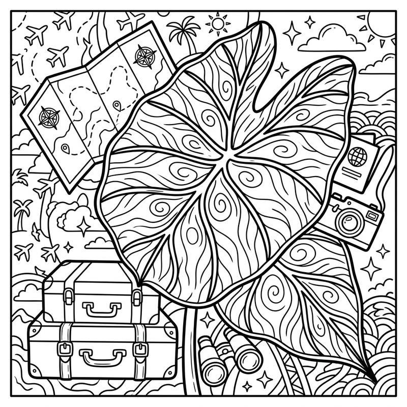 Unleash your inner explorer with this captivating Alocasia leaf and vacation-themed coloring page, brimming with travel icons. It's the perfect artistic getaway to color your dreams of exotic destinations.