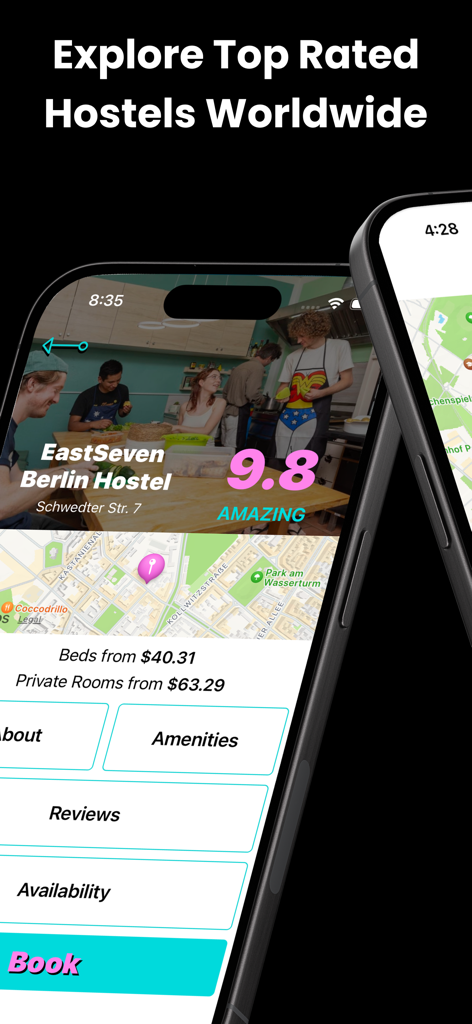 Pantalla de la aplicación Hostel GO que muestra detalles y la máxima calificación de un hostal en Berlín