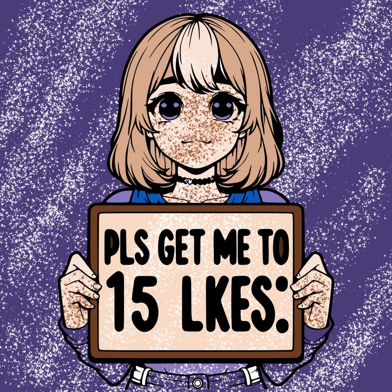 realistic girl holding up a sign that says “pls get me to 15 likes!”