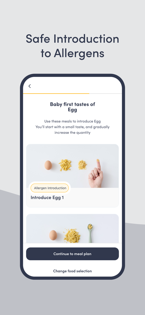 Écran de l'application Solid Starts montrant l'introduction sécurisée des œufs pour les bébés.