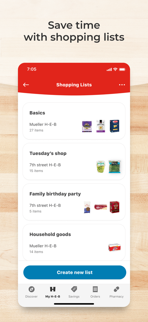 The shopping lists screen in the My H-E-B app showing multiple customized lists