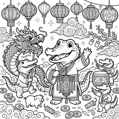 Get ready to celebrate the Lunar New Year with an adorable cast of crocodiles! This festive coloring page is bursting with traditional lanterns, dragon dances, and happy reptiles ready for your creative touch.