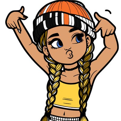realistic teenage girl with braids and a beanie and crop top doing 🫶🏼