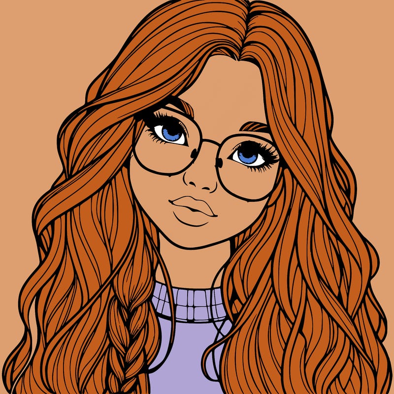 girl with long hair and freckles and glasses realistic