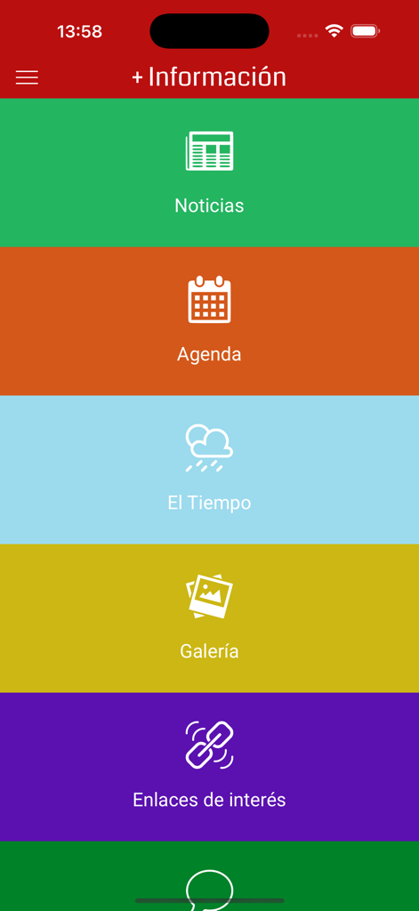 sSantaZgz - Information screen of the sSantaZgz app with icons for news, agenda, and weather.