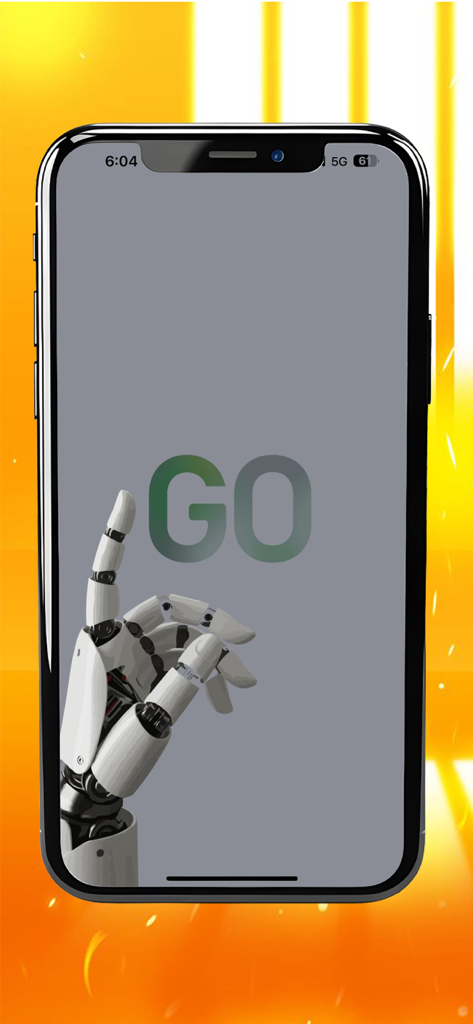 Go Gomla - Pantalla de presentación de la aplicación Go Gomla con una mano robótica futurista apuntando hacia arriba junto al texto GO