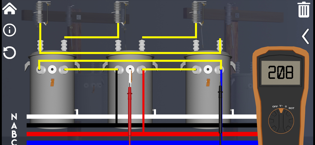 A digital simulation of three-phase transformer wiring with a voltmeter reading 208