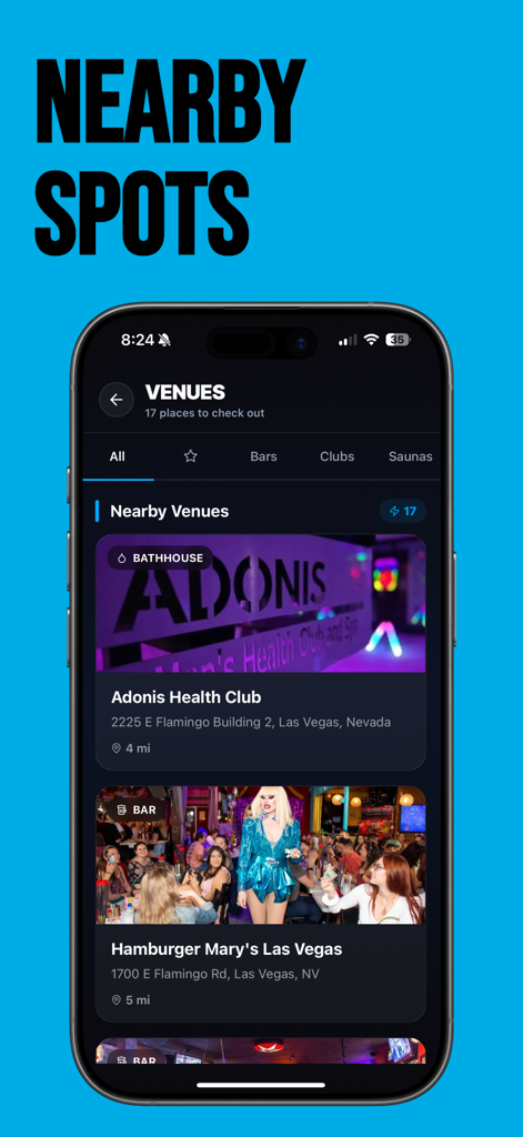 Splashd: Gay Dating & Cruising - Uno schermo di smartphone che mostra la funzione locali gay nelle vicinanze dell'app Splashd, con un elenco di bar e club gay locali.