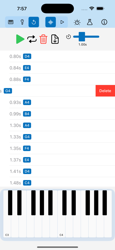 A mobile interface for editing recorded musical notes in Chordi app showing a list of notes with timestamps and a piano keyboard