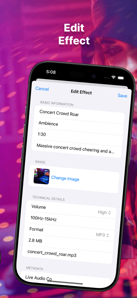 Écran d'iPhone montrant l'édition d'effets audio avec des spécifications techniques dans Sound Magic Effect+