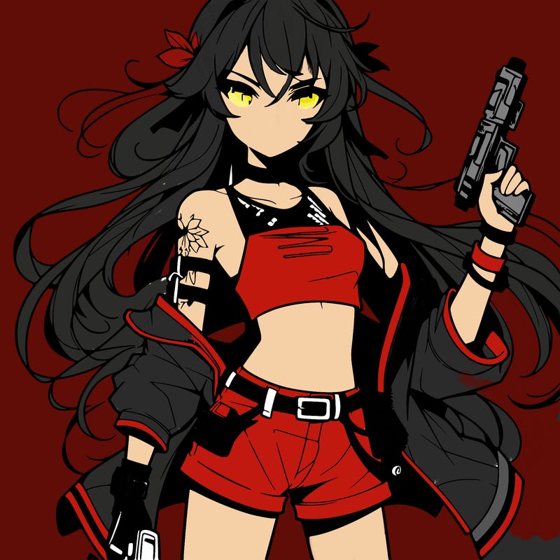 bad girl wearing crop top holding a gun long hair anime