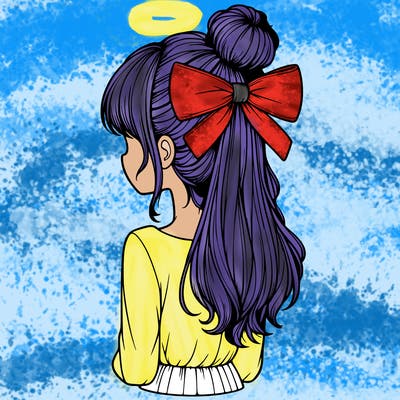 realistic girl  with hip length hair a bun and a big bow on the back of head
