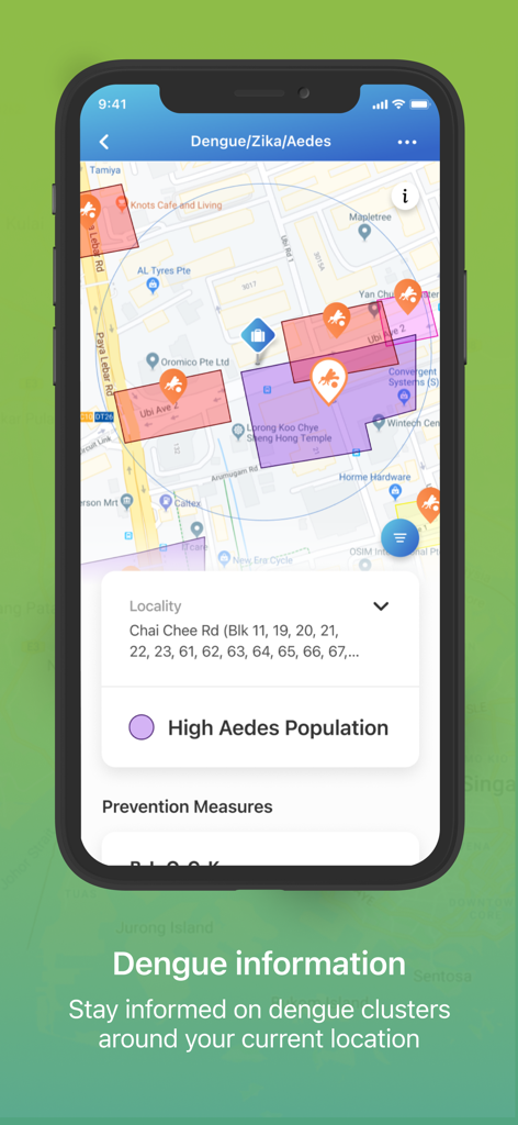 myENV - myENV app interface displaying a map with Dengue and Zika virus cluster locations and Aedes population alerts
