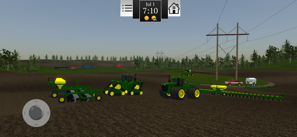 Two green tractors with farming equipment in an open field from the Farming USA 2 mobile simulation game.