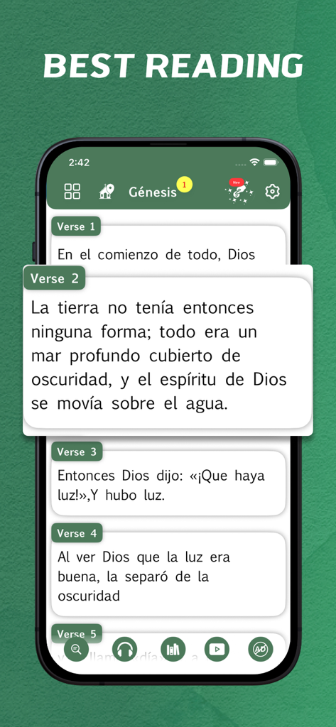 Dios Habla Hoy - offline - Interfaz de la aplicación móvil que muestra versículos de la Biblia del Génesis en español de la traducción Dios Habla Hoy.