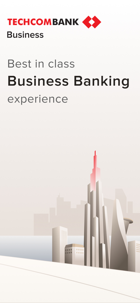 Tela de introdução do aplicativo bancário Techcombank Business com fundo de skyline da cidade