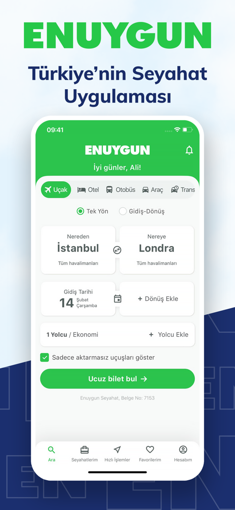 ENUYGUN: Uçak Otel Otobüs Araç - Startbildschirm der ENUYGUN Mobile App, der die Flugbuchungsoberfläche für eine Reise von Istanbul nach London zeigt