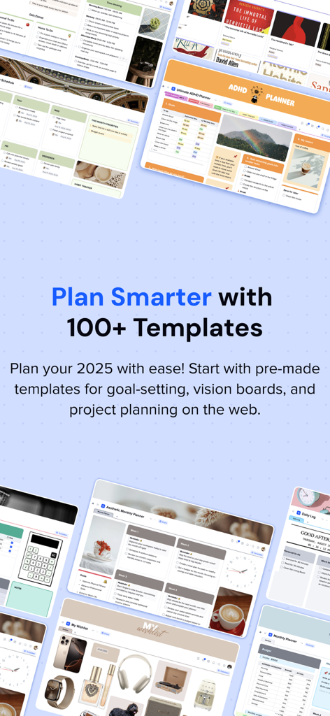 xTiles: notes, tasks, projects - Aplicación xTiles que muestra varias plantillas de planificación visual para la fijación de objetivos y la gestión de proyectos