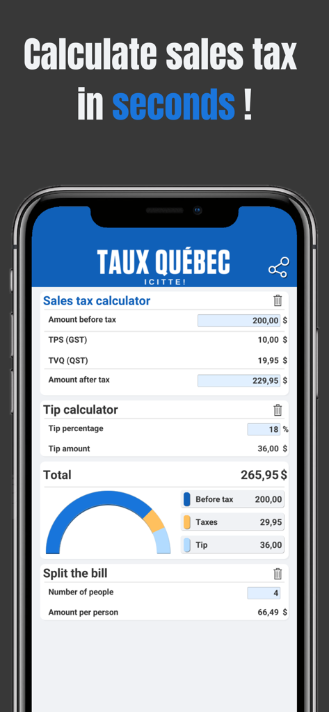 Interface of the Quebec tax and tip calculator app showing calculations for GST QST and bill splitting