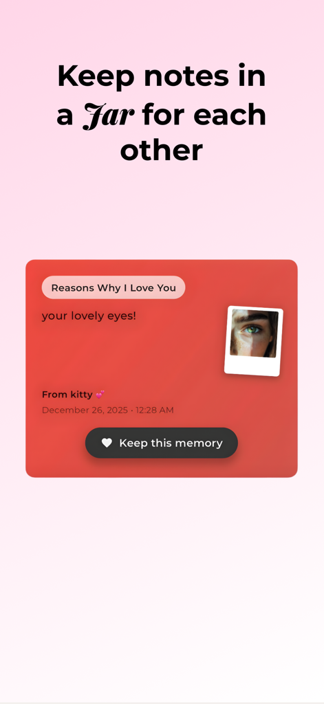 Bonded Together - A digital love note in a virtual jar within the Bonded Together app showing a message and a photo.