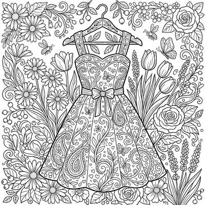 Discover the beauty of spring with this stunning adult coloring page featuring an elegantly patterned sundress. Immerse yourself in a world of delicate blossoms and intricate designs, perfect for a mindful coloring session.
