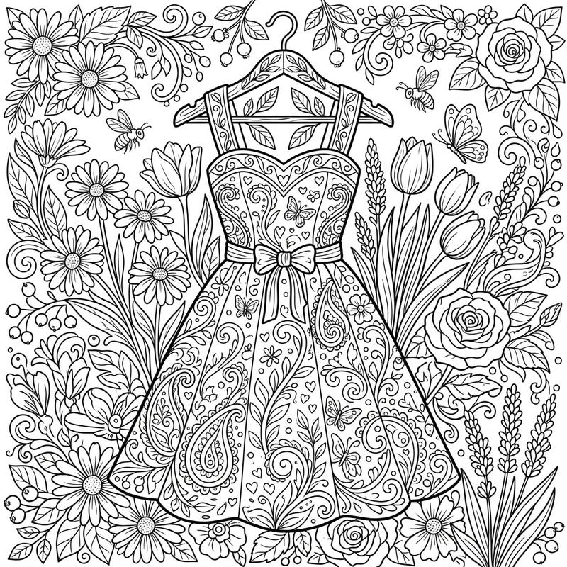 Discover the beauty of spring with this stunning adult coloring page featuring an elegantly patterned sundress. Immerse yourself in a world of delicate blossoms and intricate designs, perfect for a mindful coloring session.