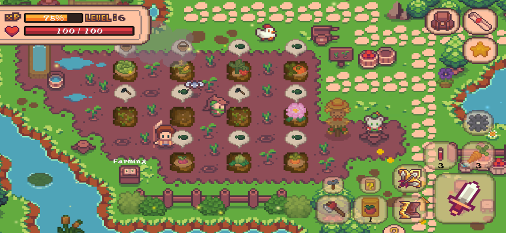 Megis Adventure - Eine Draufsicht auf einen Pixel-Art-Bauernhof in Megis Adventure, die einen Charakter zeigt, der sich mit Retro-RPG-UI-Elementen um Pflanzen kümmert