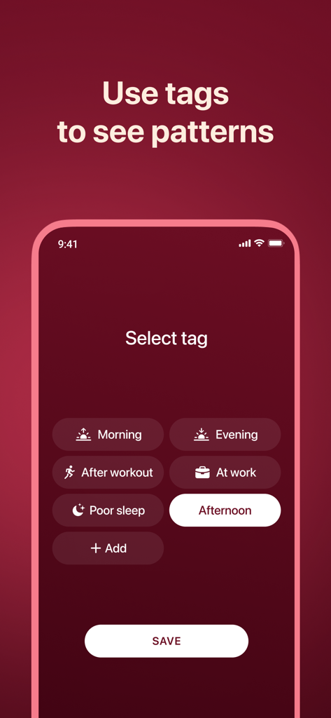 Blood Pressure App: Watch It - Una pantalla de aplicación móvil que muestra opciones para seleccionar etiquetas como Mañana Tarde y Después del ejercicio para rastrear patrones de presión arterial.