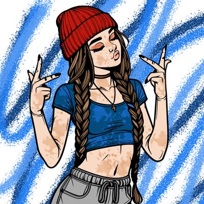 realistic teenage girl with braids and a beanie and crop top doing 🫶🏼