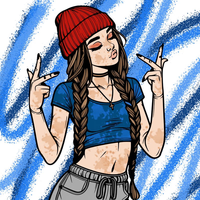 realistic teenage girl with braids and a beanie and crop top doing 🫶🏼