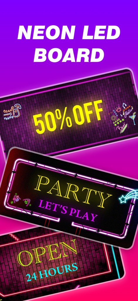 LED Banner - LED Text Scroller - Plantillas de tablero LED de neón que muestran un 50 por ciento de descuento, fiesta y abierto las 24 horas