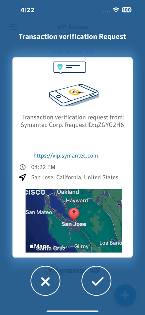 VIP Access app transaction verification request screen showing a location map and approval buttons