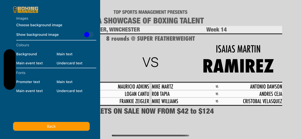 Boxing Manager - A screenshot of the Boxing Manager app showing the interface for designing and customizing a boxing fight poster with various font and color options.