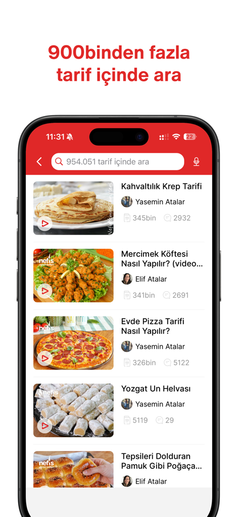 Search results page of Nefis Yemek Tarifleri app showing a list of Turkish food recipes with photos