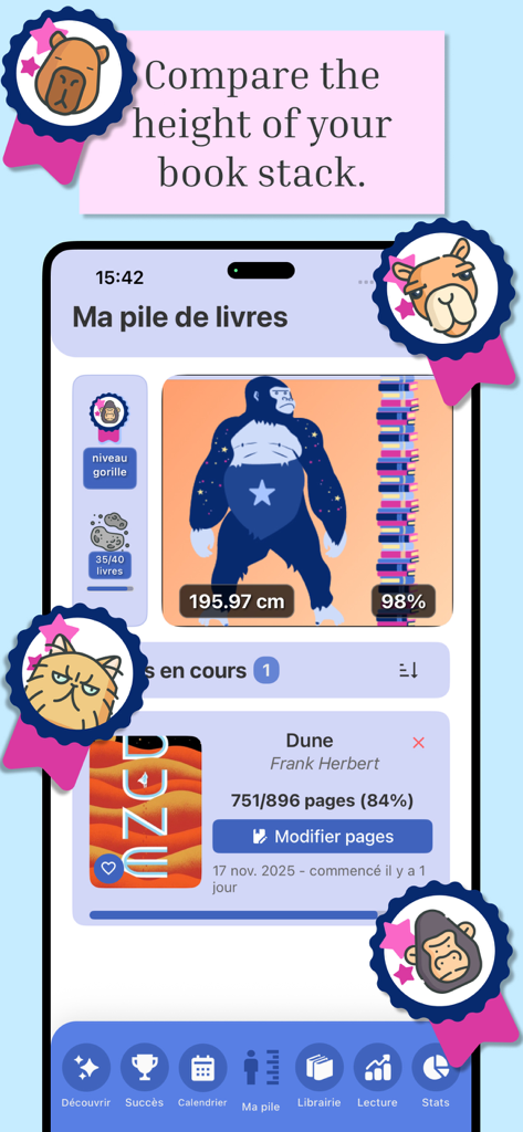 Book Nova app interface comparing a user's reading stack height to a gorilla with progress tracking for the book Dune