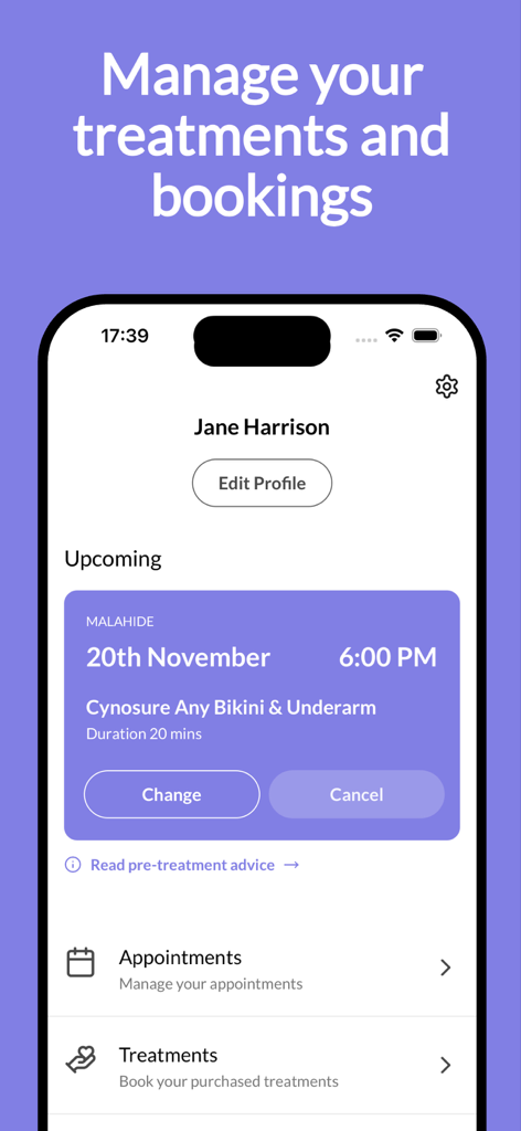 Therapie Clinic app interface showing an upcoming treatment booking with options to change or cancel.