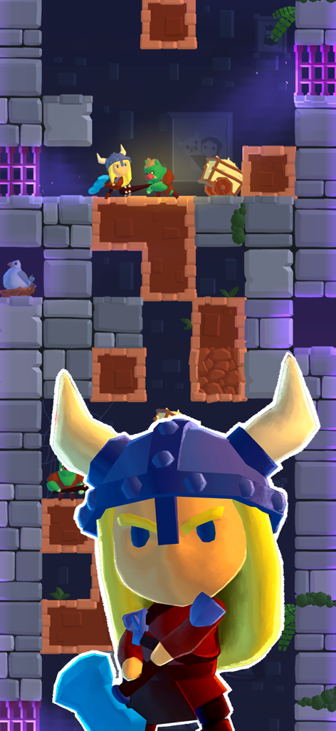 돌탑에서 뿔 달린 투구를 쓰고 파란 망치를 든 여전사 공주