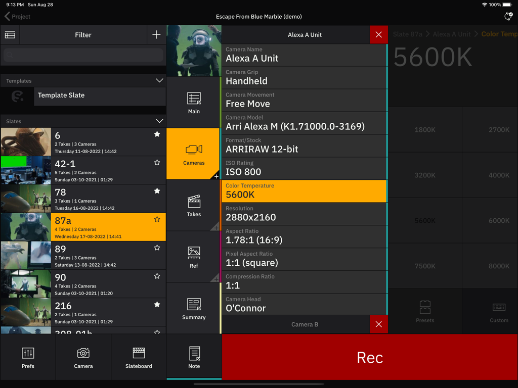 Setellite - Setellite app interface on an iPad displaying VFX camera data and film production settings.