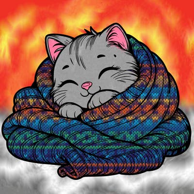 realistic cozy cat in a blanket