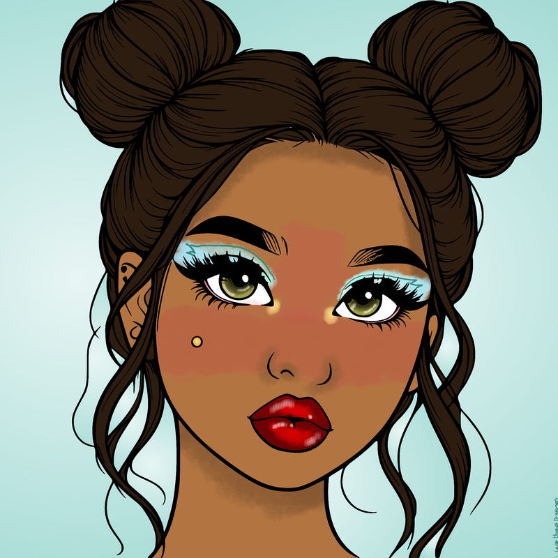 realistic girl with two buns on her hair and lips