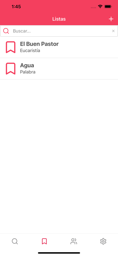 Interface de l'application iResucitó affichant un menu pour les listes de chants d'Eucharistie et de Parole