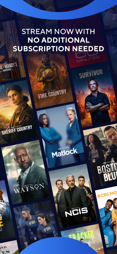 CBS - Collage d'affiches d'émissions CBS avec du texte faisant la promotion du streaming gratuit sans abonnement.