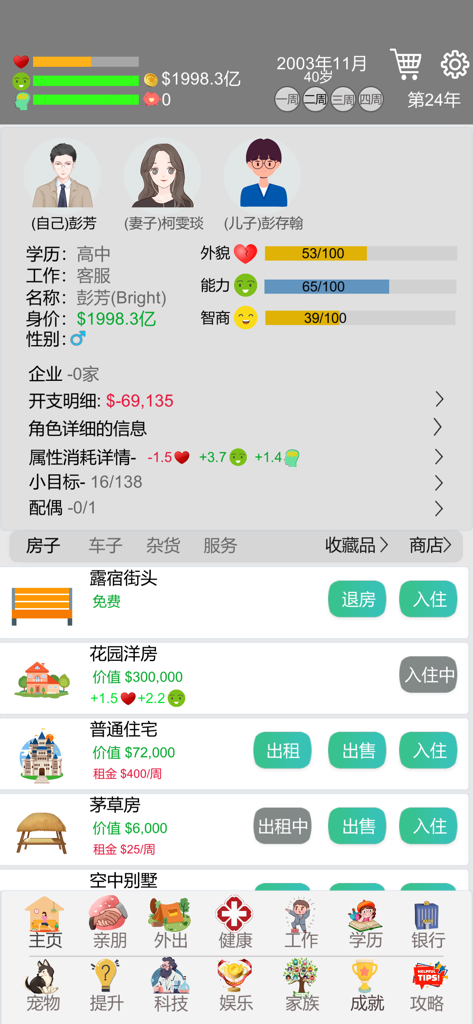 My perfect life：Bit Life - Interfaccia di gioco mobile che mostra attributi del personaggio e opzioni immobiliari in My Perfect Life Bit Life