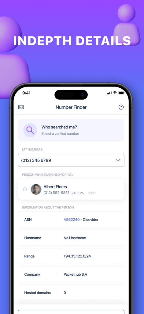 Reverse lookup screen showing detailed information about a person who searched for your phone number
