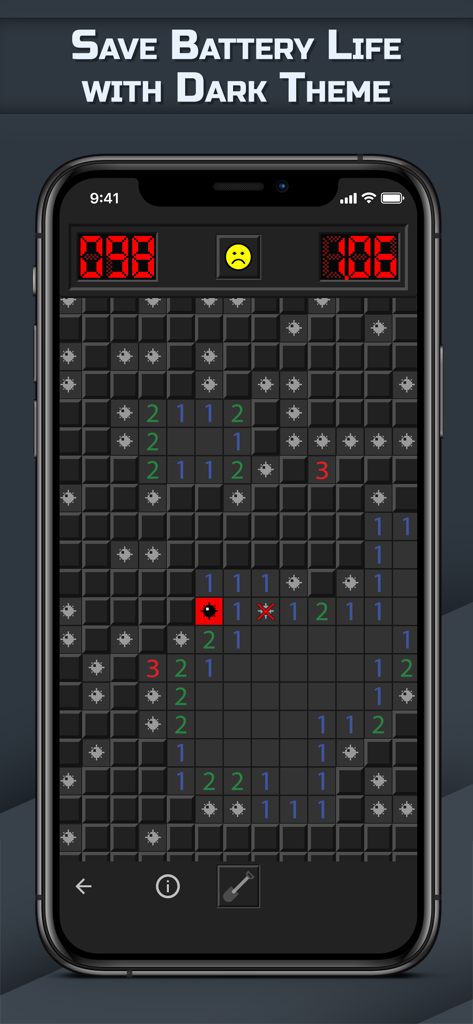 Minesweeper GO - classic game - Aplicación móvil Minesweeper GO en modo de tema oscuro que muestra un tablero de puzzle en un iPhone